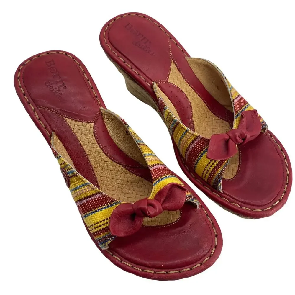 BORN Drilles 8 / 39 Striped Espadrilles Wedge Mule Open Toe Red Bow W5850